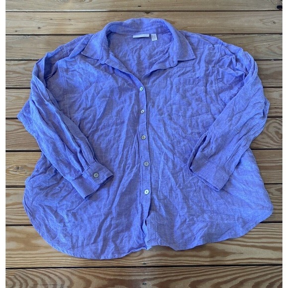 Susan Graver Pure Linen Shirt Petite Large LP Women’s Purple Button Front - Picture 1 of 7